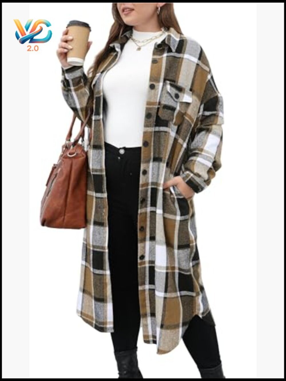 Plus Size Plaid Flannel Shacket Long Jacket Oversized Coat - Picture 2 of 7